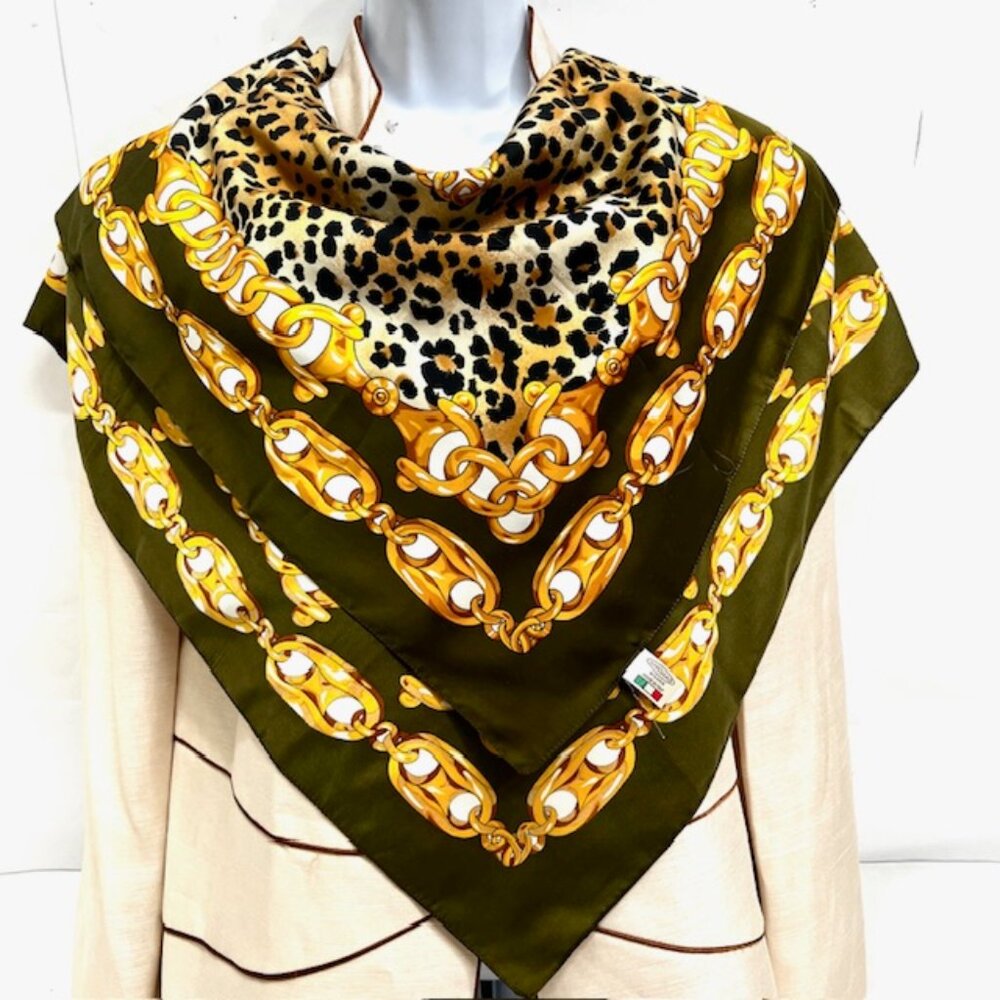 Italy Made MARCOGALA MILANO SCART 100% Silk 35" Olive Gold Leapard printed (36